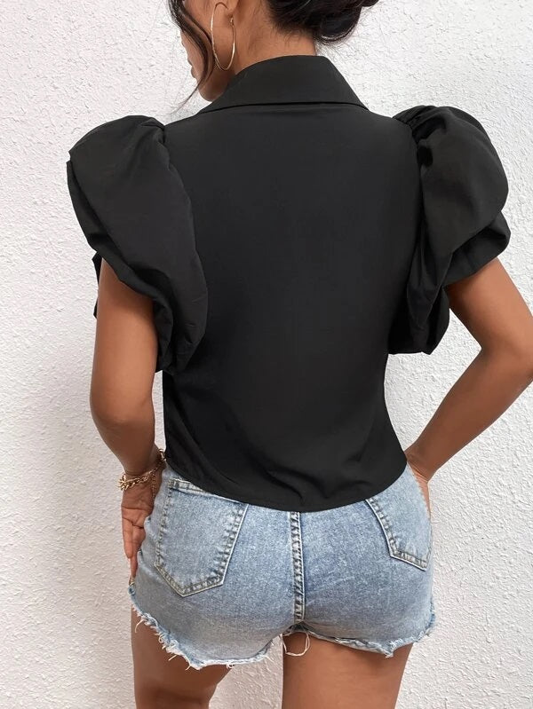 CM-TS126782 Women Casual Seoul Style Ruffle Armhole Cap Sleeve Solid Shirt - Black