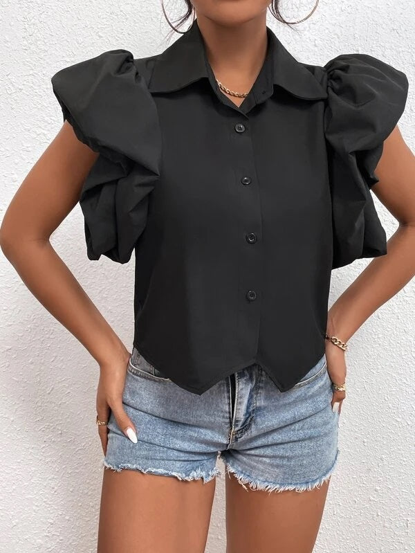 CM-TS126782 Women Casual Seoul Style Ruffle Armhole Cap Sleeve Solid Shirt - Black