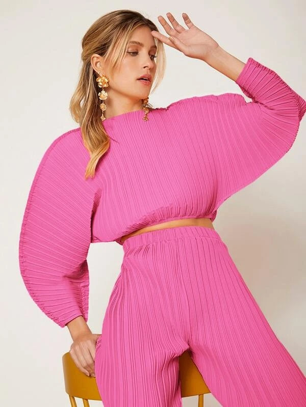 CM-TS466541 Women Casual Seoul Style Solid Batwing Sleeve Ribbed Knit Blouse - Pink