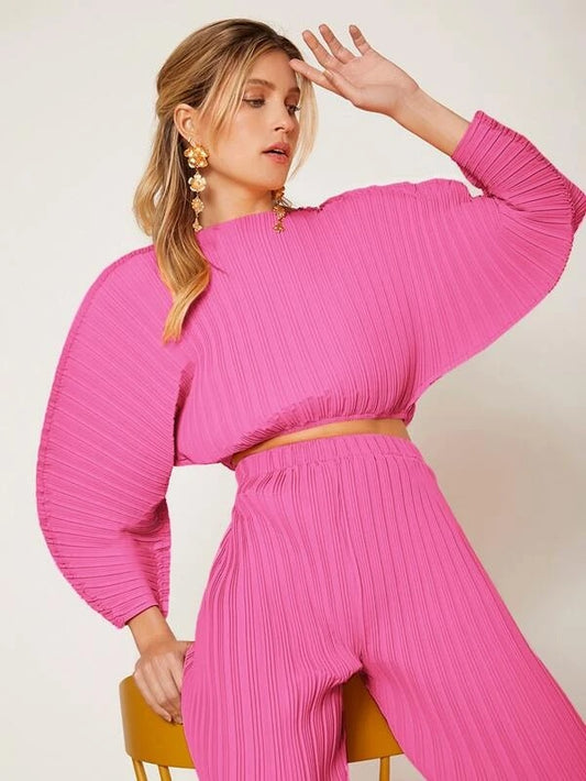 CM-TS466541 Women Casual Seoul Style Solid Batwing Sleeve Ribbed Knit Blouse - Pink