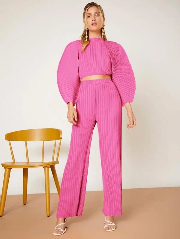 CM-TS466541 Women Casual Seoul Style Solid Batwing Sleeve Ribbed Knit Blouse - Pink