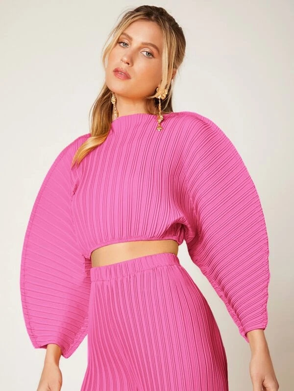 CM-TS466541 Women Casual Seoul Style Solid Batwing Sleeve Ribbed Knit Blouse - Pink