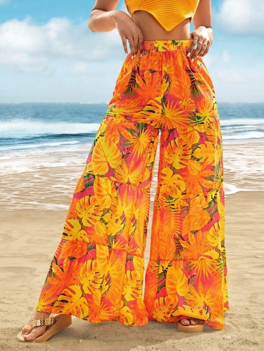 CM-BS952199 Women Trendy Bohemian Style Tropical Print Ruffle Hem Wide Leg Pants