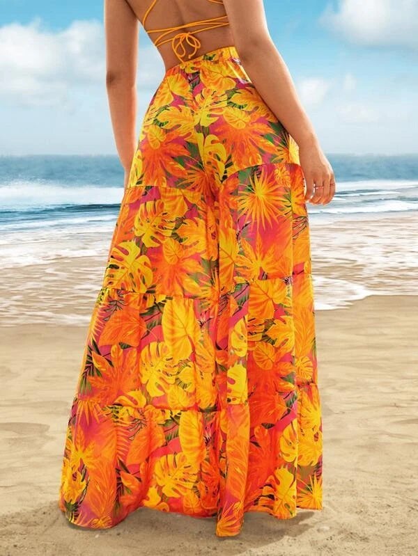 CM-BS952199 Women Trendy Bohemian Style Tropical Print Ruffle Hem Wide Leg Pants