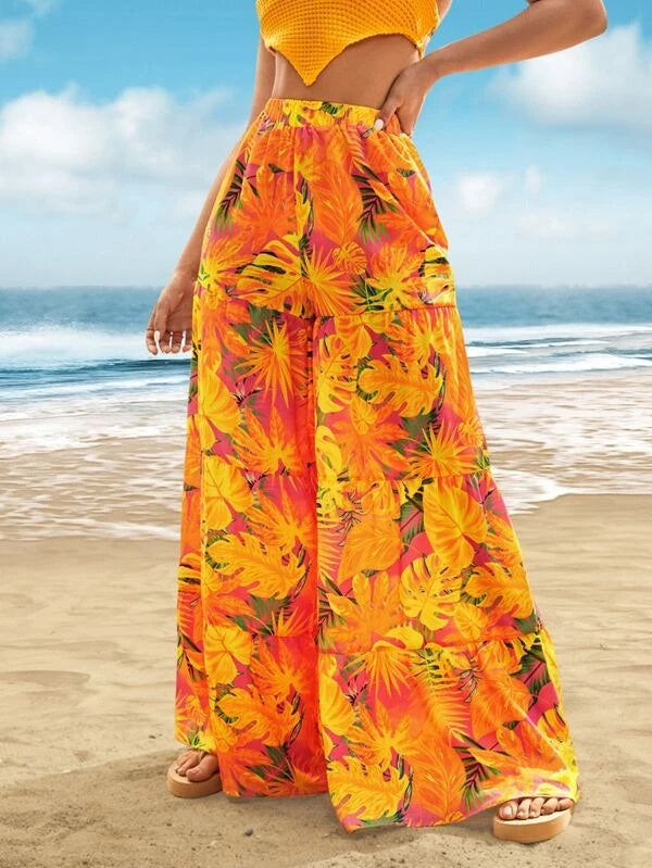 CM-BS952199 Women Trendy Bohemian Style Tropical Print Ruffle Hem Wide Leg Pants