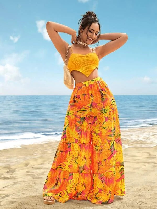 CM-BS952199 Women Trendy Bohemian Style Tropical Print Ruffle Hem Wide Leg Pants