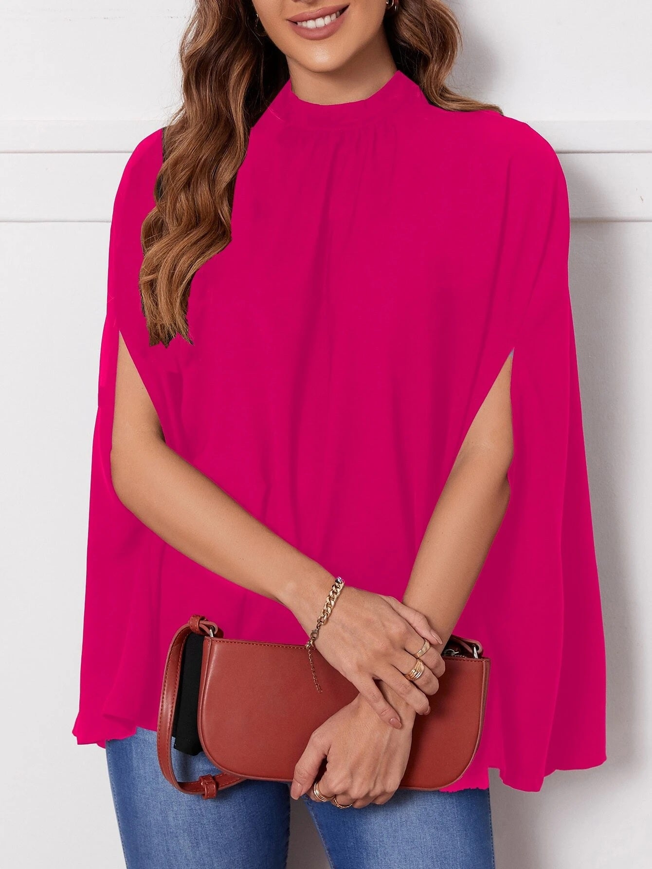 CM-TS141454 Women Elegant Seoul Style Mock Neck Cloak Sleeve Blouse - Hot Pink