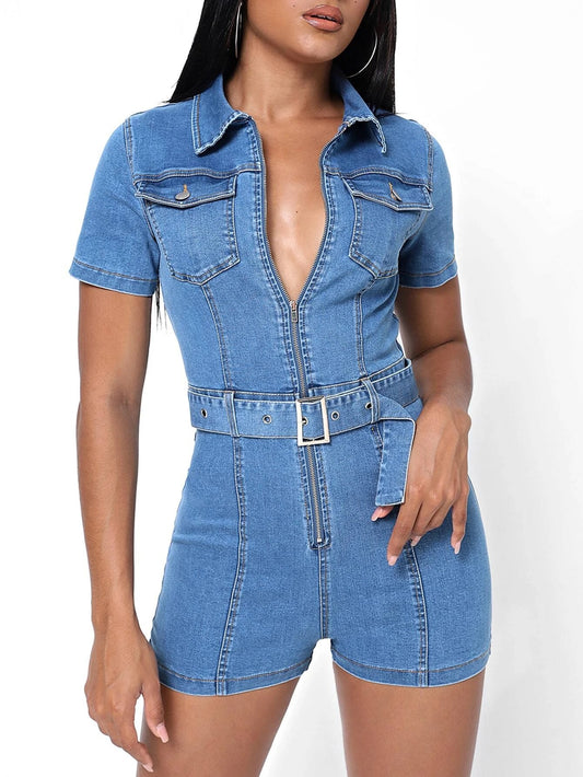 CM-JS262806 Women Casual Seoul Style Flap Pocket Belted Denim Romper