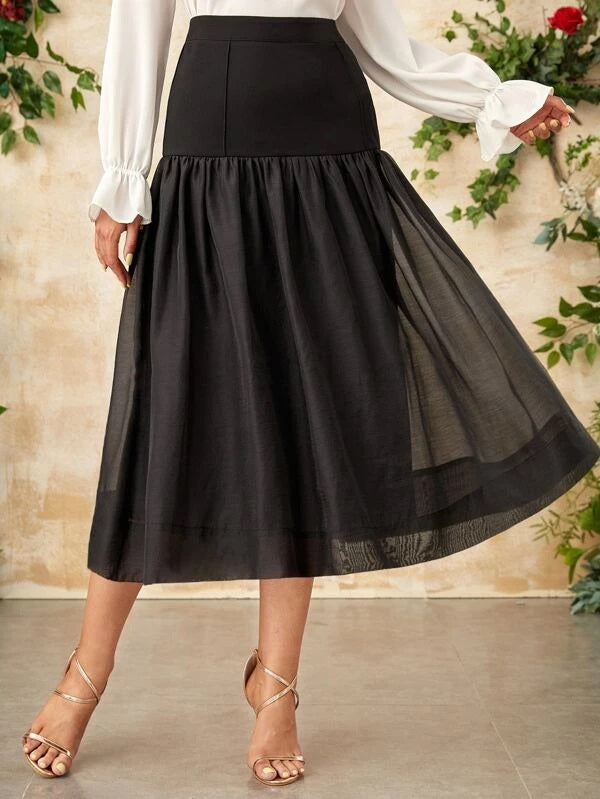 CM-BS425120 Women Elegant Seoul Style High Waist Mesh Overlay Skirt - Black