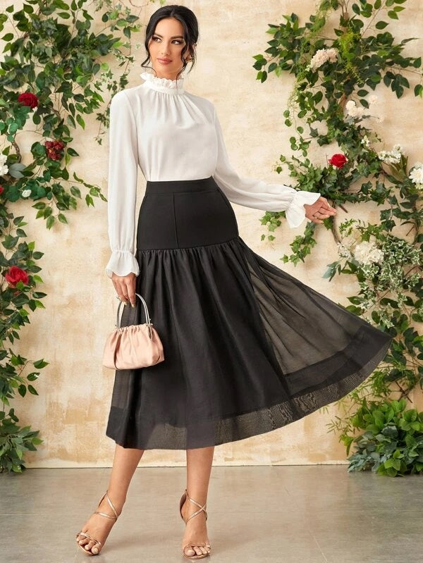 CM-BS425120 Women Elegant Seoul Style High Waist Mesh Overlay Skirt - Black