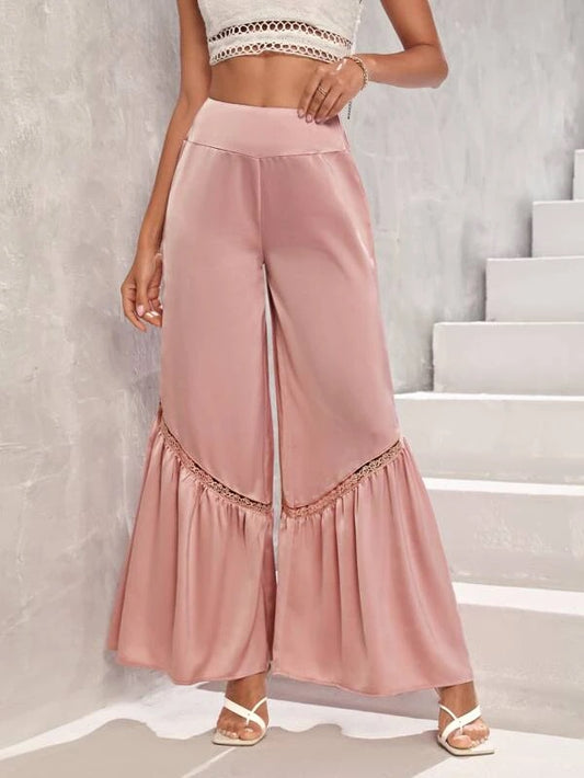 CM-BS769456 Women Casual Seoul Style Contrast Lace Ruffle Hem Wide Leg Pants - Coral Pink