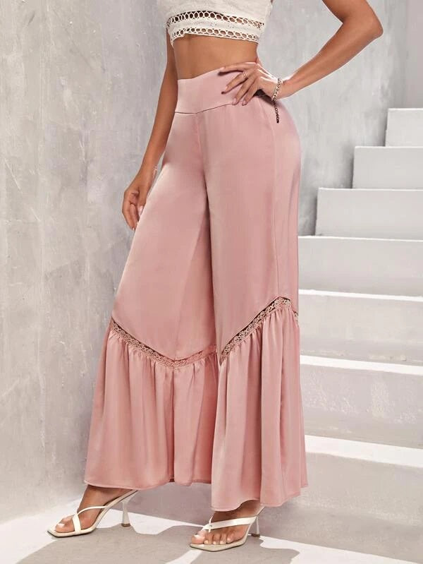 CM-BS769456 Women Casual Seoul Style Contrast Lace Ruffle Hem Wide Leg Pants - Coral Pink