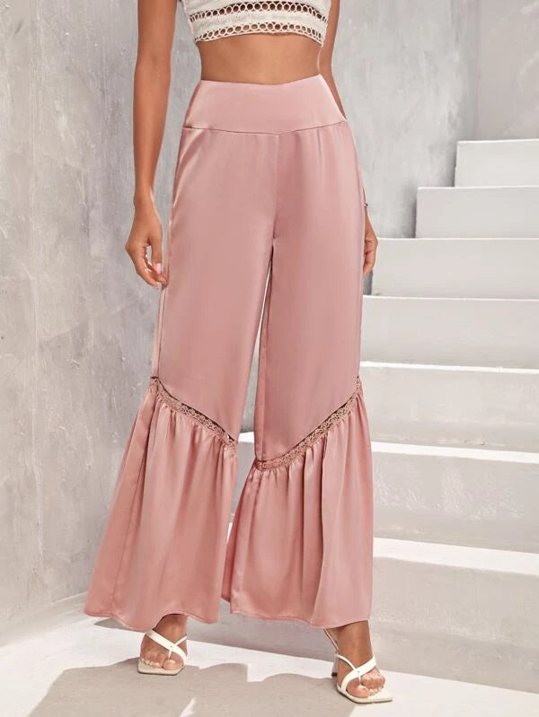 CM-BS769456 Women Casual Seoul Style Contrast Lace Ruffle Hem Wide Leg Pants - Coral Pink