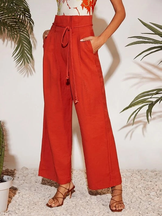 CM-BS282688 Women Trendy Bohemian Style High Waist Belted Wide Leg Pants - Red