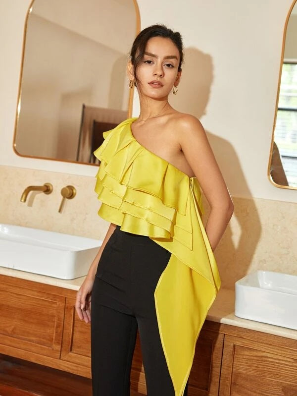 CM-TS104573 Women Elegant Seoul Style One Shoulder Layered Trim Side Draped Top - Yellow