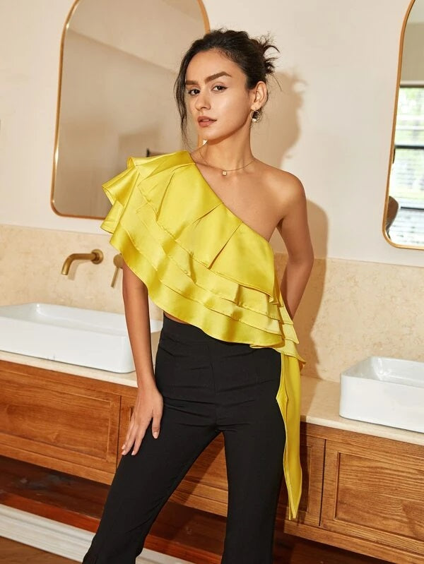 CM-TS104573 Women Elegant Seoul Style One Shoulder Layered Trim Side Draped Top - Yellow
