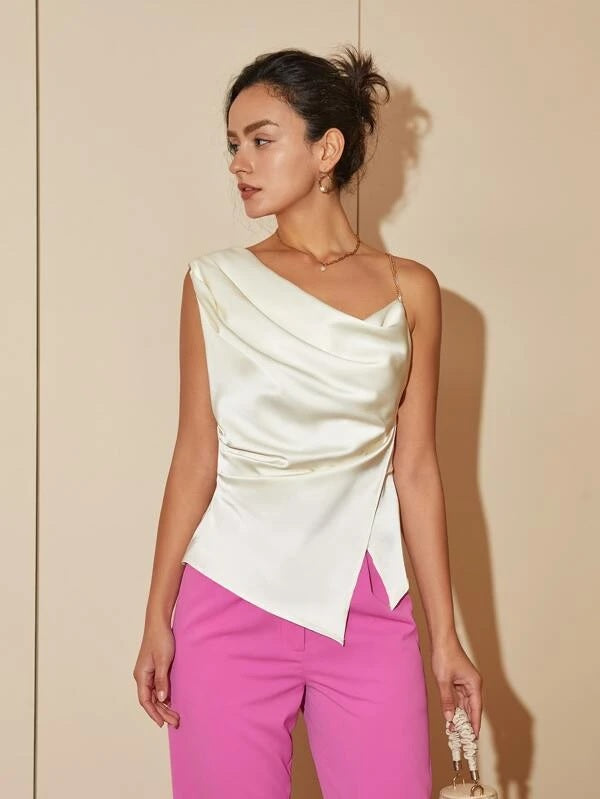 CM-TS361889 Women Elegant Seoul Style Chain Detail Asymmetrical Neck Ruched Wrap Blouse