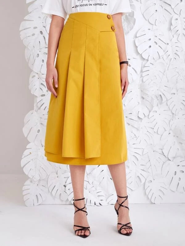 CM-BS120176 Women Casual Seoul Style High Waist Zip Back Fold Pleated Skirt - Mustard Yellow