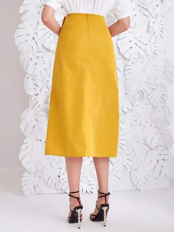 CM-BS120176 Women Casual Seoul Style High Waist Zip Back Fold Pleated Skirt - Mustard Yellow