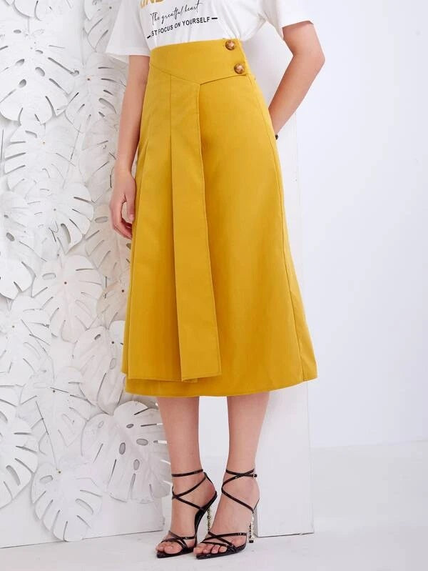 CM-BS120176 Women Casual Seoul Style High Waist Zip Back Fold Pleated Skirt - Mustard Yellow