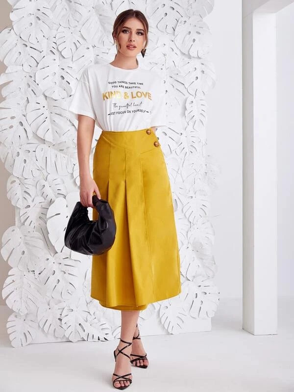 CM-BS120176 Women Casual Seoul Style High Waist Zip Back Fold Pleated Skirt - Mustard Yellow