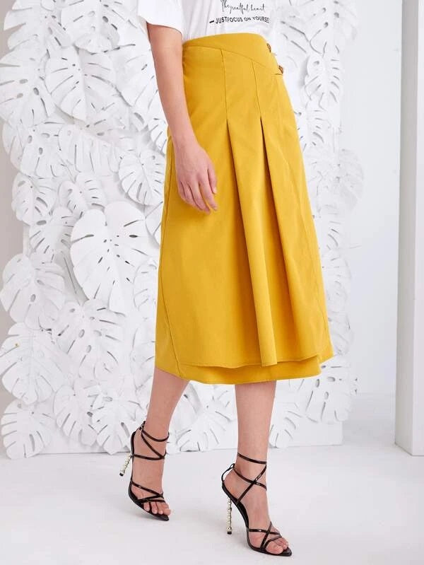 CM-BS120176 Women Casual Seoul Style High Waist Zip Back Fold Pleated Skirt - Mustard Yellow