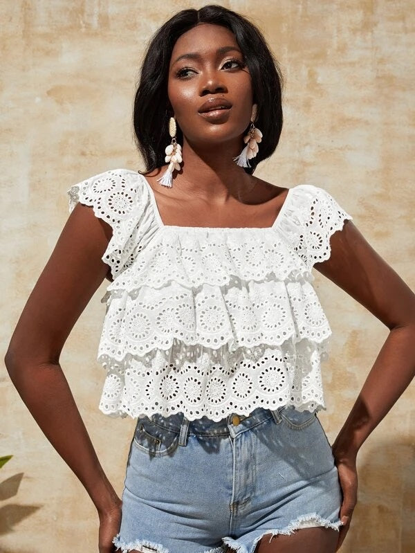 CM-TS985505 Women Trendy Bohemian Style Layered Trim Schiffy Crop Top - White