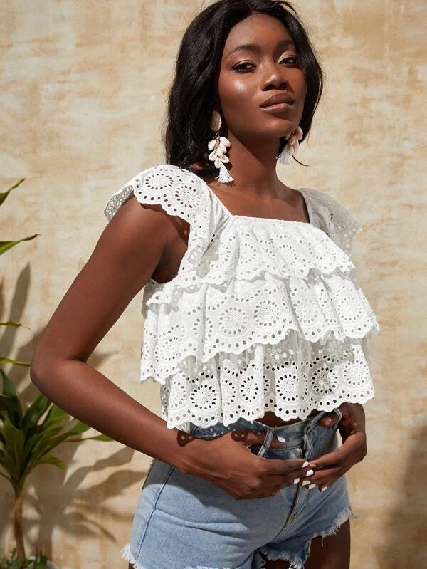 CM-TS985505 Women Trendy Bohemian Style Layered Trim Schiffy Crop Top - White