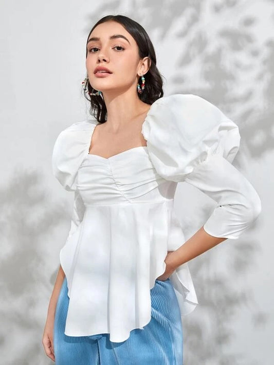 CM-TS318416 Women Elegant Seoul Style Ruched Sweetheart Neck Asymmetrical Hem Blouse