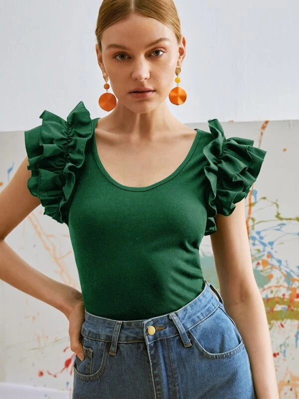 CM-TS567062 Women Casual Seoul Style Cap Sleeve Ruffle Trim Scoop Neck Tee - Dark Green