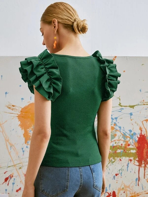 CM-TS567062 Women Casual Seoul Style Cap Sleeve Ruffle Trim Scoop Neck Tee - Dark Green
