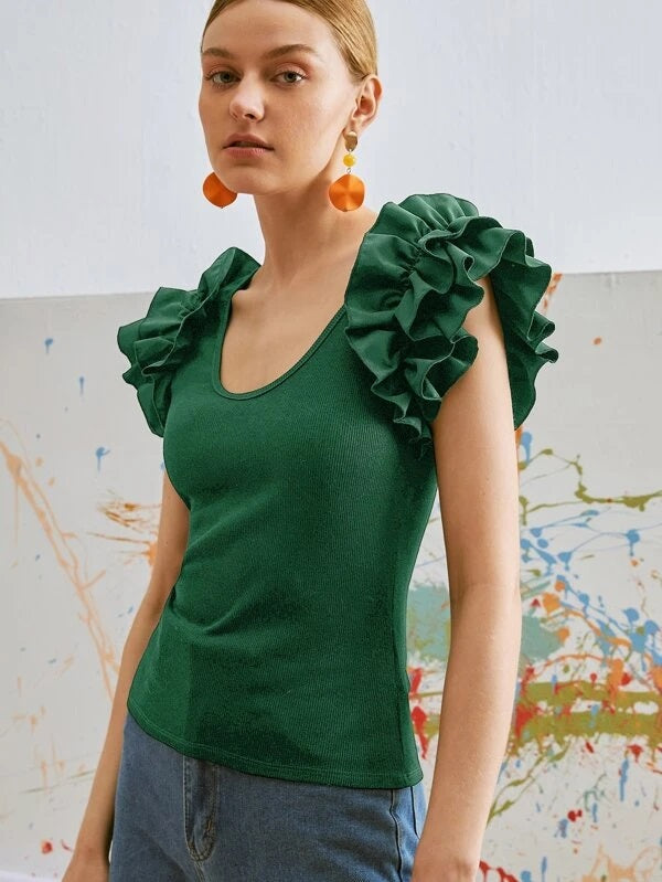 CM-TS567062 Women Casual Seoul Style Cap Sleeve Ruffle Trim Scoop Neck Tee - Dark Green