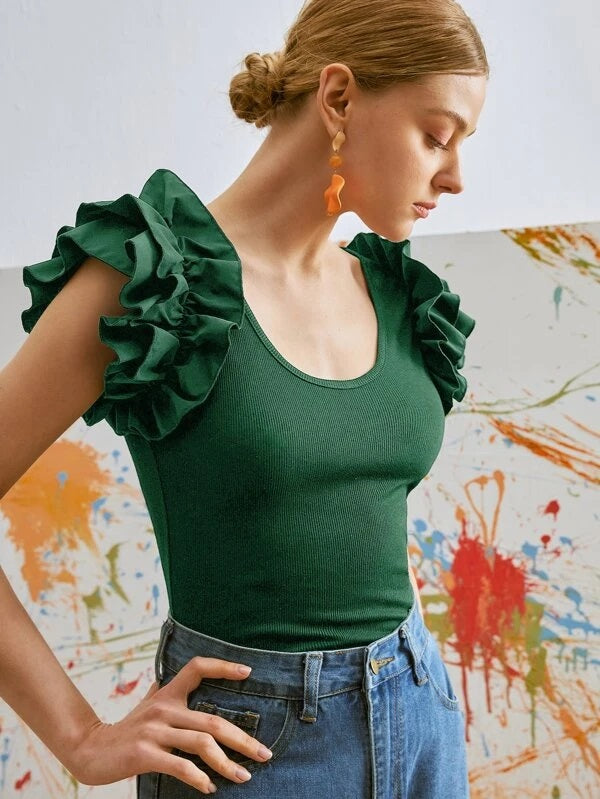 CM-TS567062 Women Casual Seoul Style Cap Sleeve Ruffle Trim Scoop Neck Tee - Dark Green