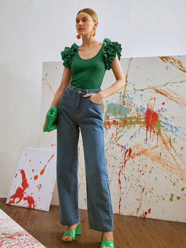 CM-TS567062 Women Casual Seoul Style Cap Sleeve Ruffle Trim Scoop Neck Tee - Dark Green