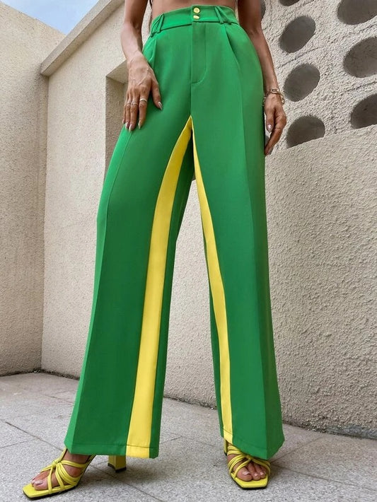 CM-BS207108 Women Casual Seoul Style Colorblock Wide Leg Pants - Green