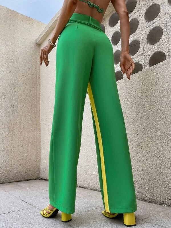 CM-BS207108 Women Casual Seoul Style Colorblock Wide Leg Pants - Green