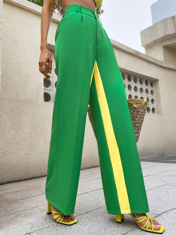 CM-BS207108 Women Casual Seoul Style Colorblock Wide Leg Pants - Green