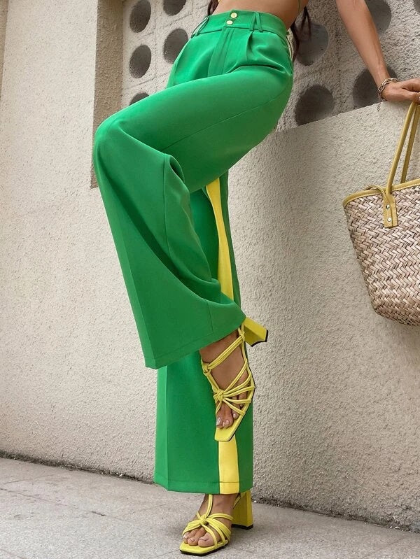 CM-BS207108 Women Casual Seoul Style Colorblock Wide Leg Pants - Green