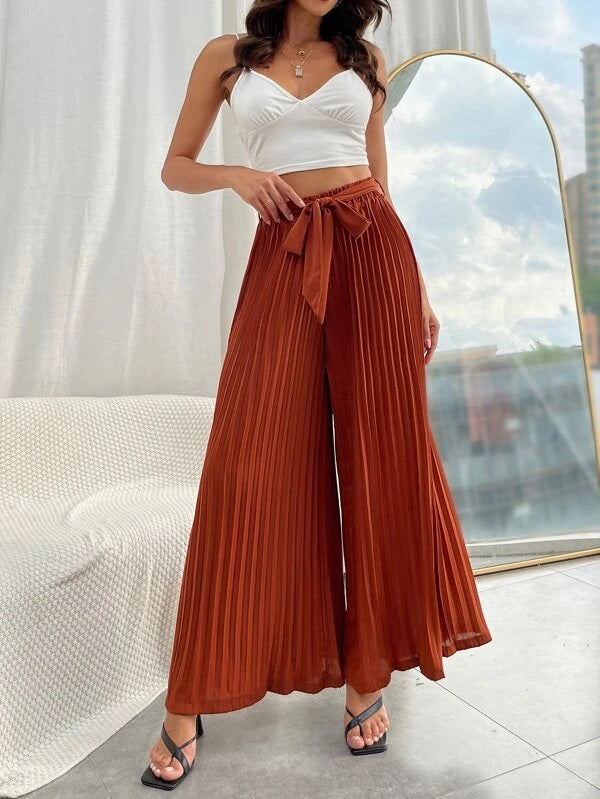 CM-BS172288 Women Casual Seoul Style Pleated Belted Wide Leg Pants - Rust Brown