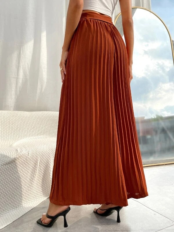 CM-BS172288 Women Casual Seoul Style Pleated Belted Wide Leg Pants - Rust Brown