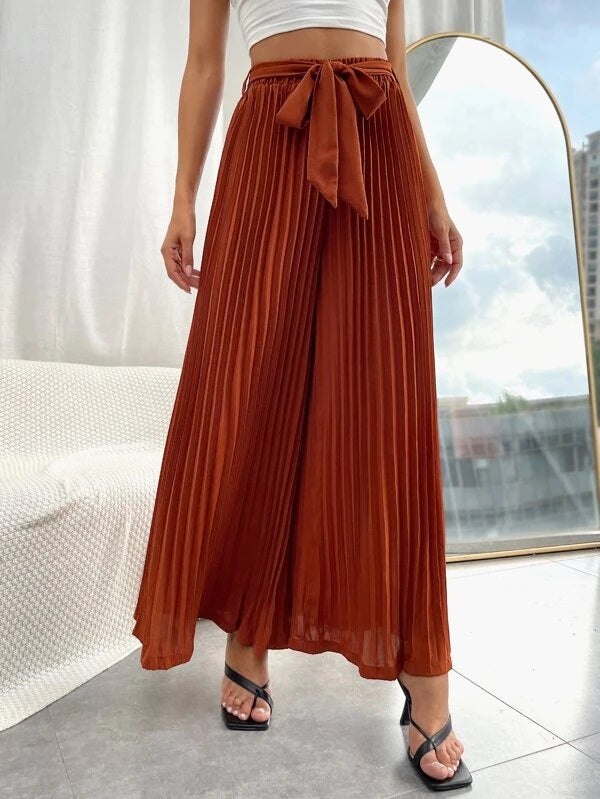 CM-BS172288 Women Casual Seoul Style Pleated Belted Wide Leg Pants - Rust Brown