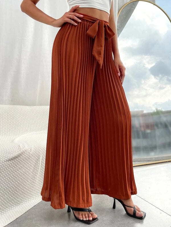 CM-BS172288 Women Casual Seoul Style Pleated Belted Wide Leg Pants - Rust Brown