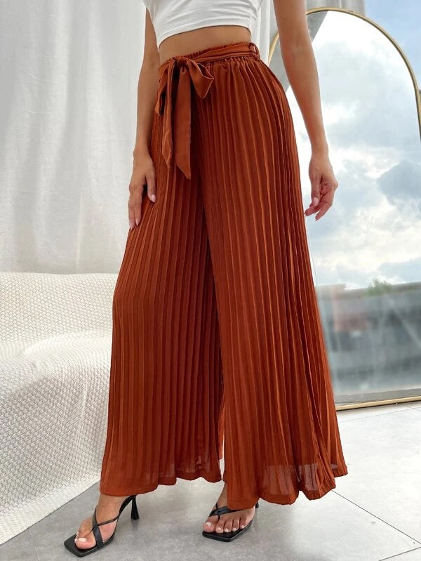 CM-BS172288 Women Casual Seoul Style Pleated Belted Wide Leg Pants - Rust Brown