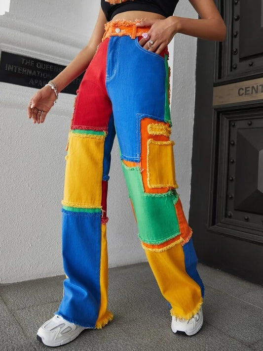 CM-BS949252 Women Casual Seoul Style High Waist Patchwork Print Raw Edge Jeans