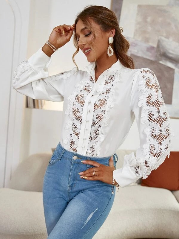CM-TS523406 Women Elegant Seoul Style Guipure Lace Panel Blouse - White