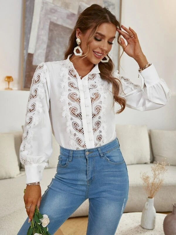 CM-TS523406 Women Elegant Seoul Style Guipure Lace Panel Blouse - White