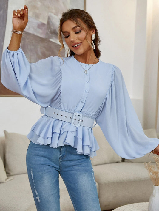 CM-TS844292 Women Elegant Seoul Style Lantern Sleeve Layered Hem Belted Blouse - Baby Blue