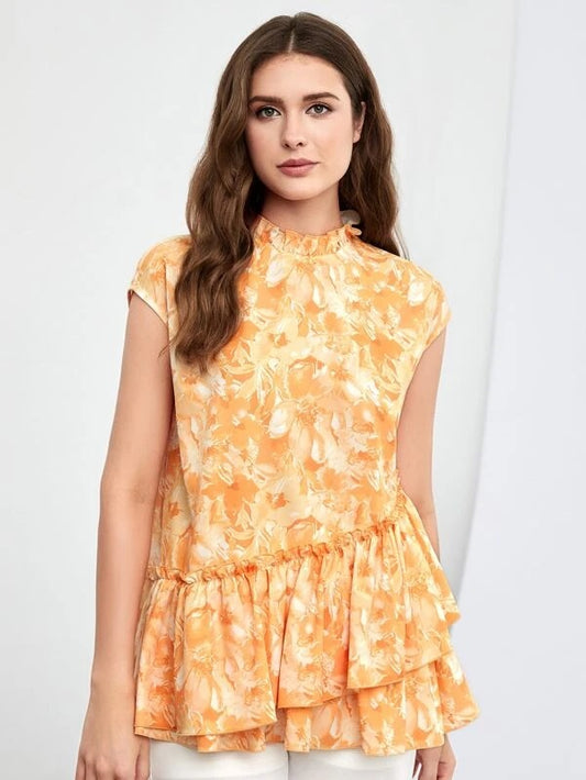 CM-TS769092 Women Casual Seoul Style Allover Floral Print Frill Trim Peplum Blouse