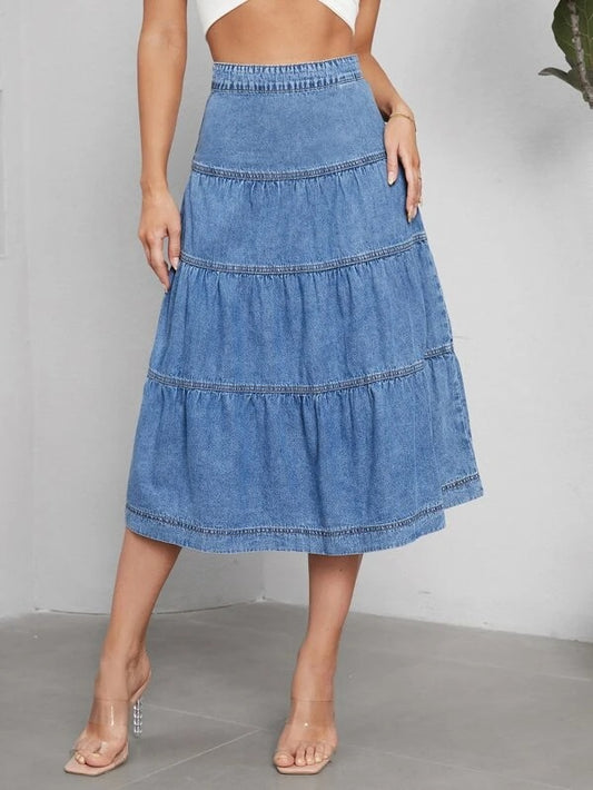 CM-BS138276 Women Casual Seoul Style High Waist Ruffle Hem Denim Skirt
