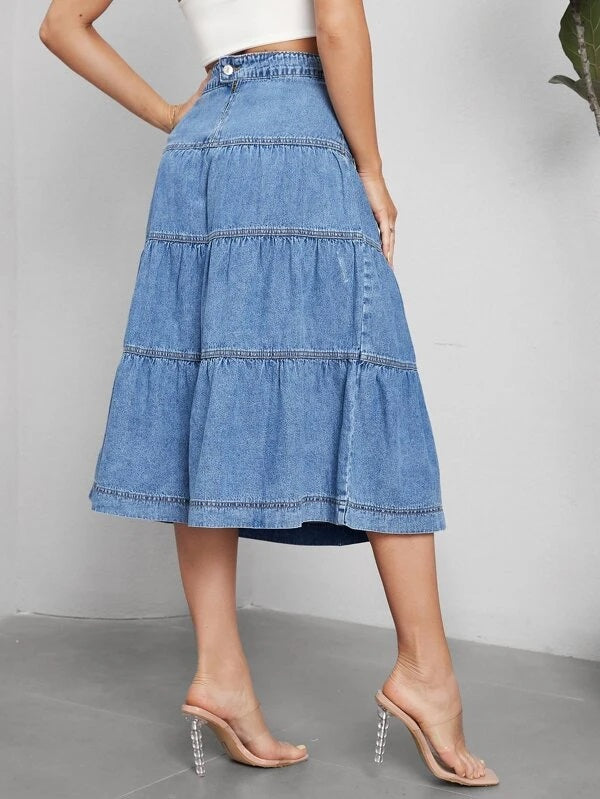 CM-BS138276 Women Casual Seoul Style High Waist Ruffle Hem Denim Skirt